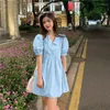 Robes de fête robe à manches courtes femmes anniversaire mini-match ulzzang bleu bleu simple vestidos vestidos a-ligne d'été solide bf