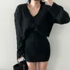 Work Dresses Winter Two Piece Sets Long Sleeve V-neck Ribbed Pullovers Sweater Pocket Skirt Women Autumn Knitted Casual Suit Solid Color