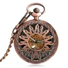 Montres de poche en cuivre rouge, boîtier creux unisexe, montre mécanique automatique, conception tournesol, numéro romain, cadran, pendentif, chaîne, horloge, cadeau