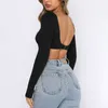 Women's Knits Tees Women Sexy Crop Tops Solid Color Low Cut Long Sleeve T-shirt Showing Belly Button Clubwear W0306