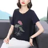 Camisetas femininas femininas lotus mulheres sumaria bordados soltos camisetas de manga curta linho de linho de algodão
