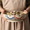 الأوعية 9 بوصة يابانية الأدوات المائدة الرجعية سيراميك رامين وعاء كبير حساء كبير المعكرونة مرسومة يدويا المخلل المطبخ الخضار عشاء وير
