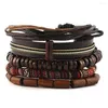 Bangle HZMAN Rope Leather Wooden Beads Ethnic Tribal Bracelet For Men Women Couple Multi-layer Wrap Wristbands Charm Jewelry Gift