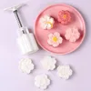 Baking Moulds 4Pcs/Set Mooncake Mold Cherry Blossom Flowers Sakura Pattern Stamps Hand Press Plungers Pastry Tools Mid-autumn Festival