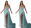 Luxury Mint Green Plus Size Mermaid Prom Dresses for Women Sequined Off Shoulder High Side Split Floor Length Formal Evening Pageant Birthday Party Gowns Custom