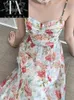 Abiti casual 2023 Summer Women Dress Stampa floreale Sexy Sling French Slim senza maniche Festival Estetica Beach Party Midi Vestidos Lady