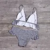 Damen-Bademode, zweiteiliger gerüschter Badeanzug für Frauen, sexy karierter Bikini, dünner Strand-Badeanzug