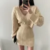 Work Dresses Winter Two Piece Sets Long Sleeve V-neck Ribbed Pullovers Sweater Pocket Skirt Women Autumn Knitted Casual Suit Solid Color
