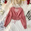 Dames blouses vintage polka dots blouse vrouwen en top V nek trekstring chiffon veer slanke wasit short tops shirt blusa mujer tunika