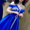 Arabe bleu Royal robe de soirée col en v manches courtes a-ligne fendu perles célébrité robe de bal robe de soirée robe de soirée 2023