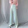 Women's Pants Capris Rimocy Korean Suit Wide Leg Pants Women Autumn Elastic High Waist Trousers Woman Solid Color Button Straight Pants Female 230309