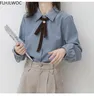 Kvinnors blusar Skjortor Spring Women's Chic Sweet Bow Tie Tops Preppy Style Vintage Japaneses Korea Designknapp Eleganta formella skjortor Blusar 230309