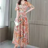 Party Dresses Vintage Boho Print Elegant Chic Maxi Dress Women 2023Summer Fashion V-neck Short Sleeve Slim Lace Up Beach Vestido