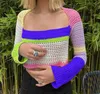 Women's Knits Tees Women's Crop Top Crochet Knit Tube Tops Long Sleeve Block Hollow Out Regular Fit Women's T-shirt Women's Sweater Streetwear Y2k W0306