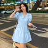 Robes de fête robe à manches courtes femmes anniversaire mini-match ulzzang bleu bleu simple vestidos vestidos a-ligne d'été solide bf