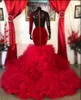 Plus size Arabisch zeemeermin rood prom jurken kanten kralen fluwelen aso ebi avond formele feest tweede receptie jurken