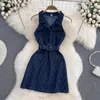 Casual Dresses Korean Sexy Waist Close Sleeveless Denim Mini Dress With Belt V-neck Plaid Trendy Girl Jeans