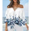 Women's Blouses 2023 Casual Summer Loose Pullover Women Fashion Flower Print Tied Detail Off The Shoulder Tops