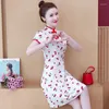 الملابس العرقية بالإضافة إلى الحجم M-4XL 2023 صيف أبيض طباعة قصيرة الأكمام Qipao للنساء