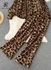 Pantalones de dos piezas para mujer SINGREINY Leopard Vinage Casual Trajes de otoño Pliegues sueltos Blusa de solapa Tops Pierna ancha Ropa de calle larga Piezas de mujer 230309