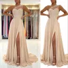 2023 Sexy Arabic Long Champagne Abiti da damigella d'onore per matrimoni una spalla illusione Appliques in pizzo Chiffon Side Spalato Spazzante Train Maid Gowns Honor