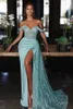 Luxury Mint Green Plus -storlek Mermaid Prom Dresses For Women Sequined Off Shoulder High Side Split Golvlängd Formell Kvällstävling Födelsedagsfestklänningar Custom