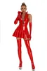 Casual jurken Dames Zwart Red Wetlook Lederen Pole Dance Raves Party Outfit Zipper Stand Kraag Glanzende latex Slim Mini geplooid Y2302