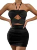 Casual Dresses 2023 Fashion Sexy Hollow Out Ruched Tie Up Halter Slip Dress Summer Women Sleeveless Solid BodyCon Mini för Club Party