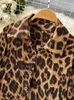 Pantaloni da donna a due pezzi SINGREINY Leopard Vinage Abiti casual autunnali Pieghe larghe Camicetta con risvolto Top Gamba larga Lunga Streetwear Pezzi da donna 230309