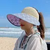 Wide Brim Hats Beach Lace Plaid Sun Hat Empty Top Summer Discoloration Cap Ladies Sunhat Big Women Cycling Windproof Protection