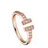 Brand charm Fashion Silver Double T Ring Full Diamond 18k Rose Gold 3 TFF Design Couple With logo