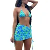 Work Dresses CHRONSTYLE Sexy Halter Tie Dye Print 2 Pieces Set Women Sleeveless Bikini Bra Tube Tops Drawstring Ruched Mini Skirt Y2K