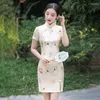 Ethnic Clothing Traditional Lace Trim Mandarin Collar Short Sleeve Printed Satin Qipao Mini Cheongsam Women Chinese Style Wedding Dress