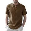 Męskie koszule męskie koszulę męską lnianą koszulę krótki rękaw solidny kolor guzika bawełniane letnie topy kieszonkowe kieszonkowe ubranie