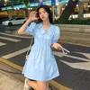 Robes de fête robe à manches courtes femmes anniversaire mini-match ulzzang bleu bleu simple vestidos vestidos a-ligne d'été solide bf