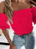 Blouses voor dames shirts Summer Fashion Slash Neck Off schouderhemd elegante vrouwen stevige kleur korte mouw knop top sexy feestkleding b