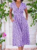 Casual jurken lente zomer dames v-neck floral print party jurk vrouwelijke korte mouw vestidos losse pocket a-line eenvoudige modejurken