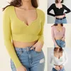 Kvinnors tankar Spring Autumn Sexig gröda toppar kvinnor långärmad Camisole Casual Solid Color Base Shirts Vest Oregelbundet V Collar Pullover