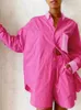 Kvinnors träningsdräkter Casual Women Pink Short Set 2022 Summer Loungewear Tvådel kvinnor kläder överdimensionerade lång skjorta och höga midjeshorts spårningsdräkter L230309