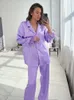 Women's Sleepwear Hiloc Feathers Satin Pajamas For Women Sets Lapel Splicing Sleepwear Women's Suit Single-Breasted Nightwear Winter Fashion 230309