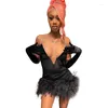 Casual Dresses Wishyear 2023 Sexig Black Party Night Club Outfits For Women Deep V Neck Backless Mini Dress with Feathers Furry Trim Vestidos