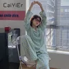 여성용 잠자기 Caiyier 녹색 그리드 여성 Pajama Set 한국 스타일 느슨한 여가 잉글 릭 잉글 릭 팬티 팬티 봄 겨울 홈 홈 230309