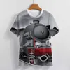 メンズTシャツトップティーロコモティブレッドブラックトレインスチール鉄道路線トラックトラベルアドベンチャーグラフィックプリントビンテージUSAサイズ高