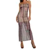 Casual Dresses Women Tie-dye Printed Low-Cut Strapless Back High Split Tight Dress Party/Bar/Cocktail Summer Bodycon Long