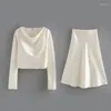 İş elbiseleri zarif ipek saten iki 2 parçalı etek seti kadın kıyafetleri 2023 bahar moda uzun kollu bluz gömlek etekler eşleşen setler