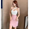 Casual Dresses #3190 Summer Spliced Color Mini Dress Women Backless Irregular Short Strapless Sexy Club Wear Bodycon Inclined Shoulder