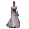 New Gradient Purple Evening Dress A Line Beading Pleated Tiered Strapless Ruffle Sequined Long Tulle Prom Party Homecoming Prom Gown