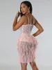 Casual Dresses Sexy Woman Sleeveless High Waist Tunics Rhinestones Feathers See Through Slip 2023 Female Night Club Dress Black Pink