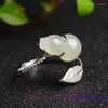 Bagues de Grappe Blanc Jade Gourd Bijoux Calcédoine Anneau Réglable Cadeaux Cadeaux Accessoires Naturels 925 Argent Sculpté Pierres Précieuses Charme