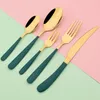 Dinnerware Sets 4/5Pcs Green Gold Cutlery Set Steak Knife Cake Fork Tea Spoon Vintage Stainless Steel Flatware Kitchen Tableware